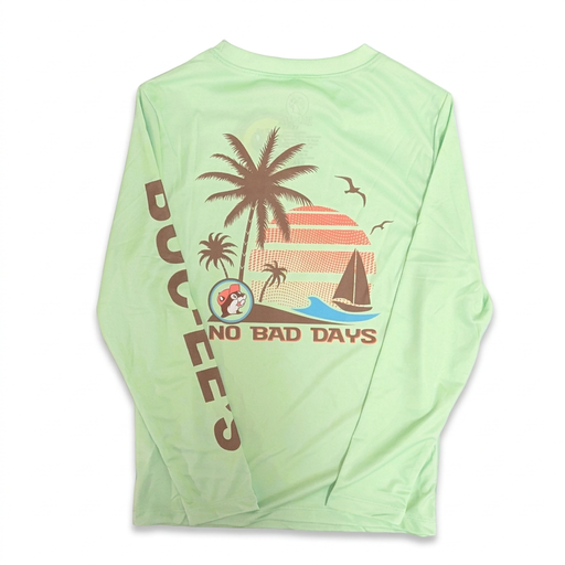 Buc-ee’s Performance Palm long-sleeve shirt in lime with No Bad Days palm tree and sailboat graphic