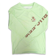 Front of lime Buc-ee’s Performance Palm long-sleeve shirt with small palm tree chest logo and bold lettering down the sleeve