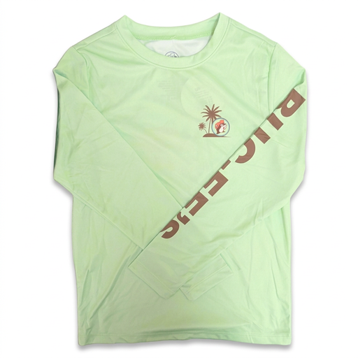 Front of lime Buc-ee’s Performance Palm long-sleeve shirt with small palm tree chest logo and bold lettering down the sleeve