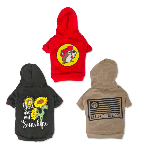 Buc-ee’s pet hoodies, back view: red beaver logo, black You Are My Sunshine sunflowers and tan flag print