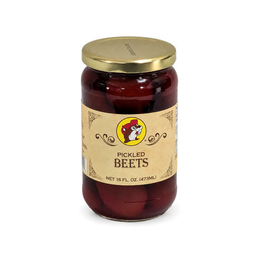 Buc-ee's Pickled Beets in a 16 fl oz glass jar with gold lid, whole deep red beets for salads and Southern side dishes