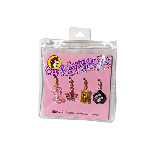 Buc-ee's Pink Bear charm 4-pack with a pink gummy bear, glitter star, gold snack bag and purple Buc-ee charm