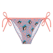 Buc-ee’s women’s tie-side bikini bottom in pink and blue leopard print with beaver mascot heads and coral string ties