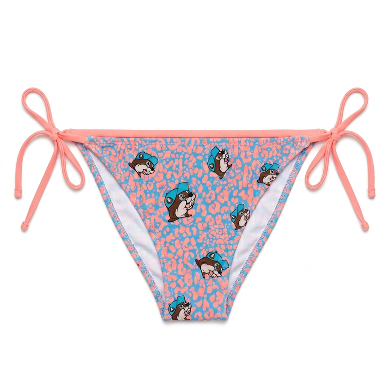 Buc-ee’s women’s tie-side bikini bottom in pink and blue leopard print with beaver mascot heads and coral string ties