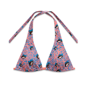 Buc-ee’s women’s triangle halter bikini top in pink and blue leopard print with beaver mascot heads and matching straps.
