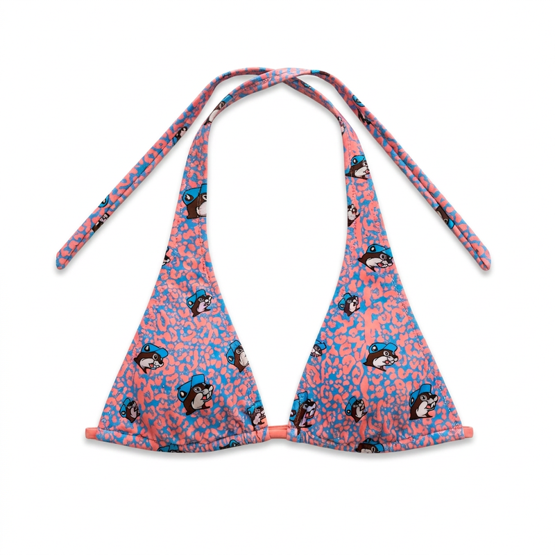 Buc-ee’s women’s triangle halter bikini top in pink and blue leopard print with beaver mascot heads and matching straps.
