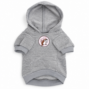 Front view of a heather gray pet hoodie flat lay with a pink-hatted Buc-ee's beaver logo centered on the chest and an attached hood.