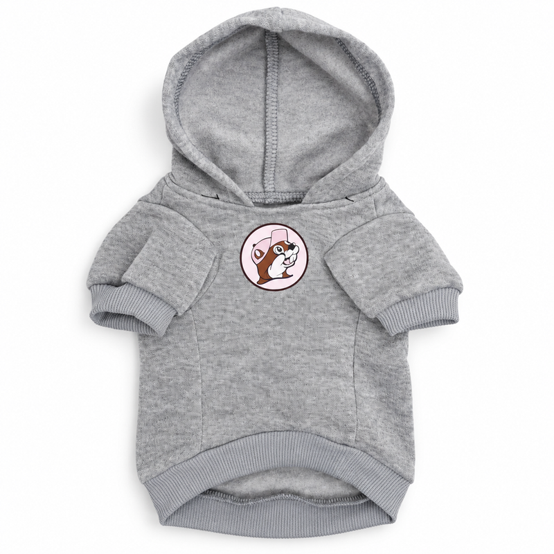 Front view of a heather gray pet hoodie flat lay with a pink-hatted Buc-ee's beaver logo centered on the chest and an attached hood.