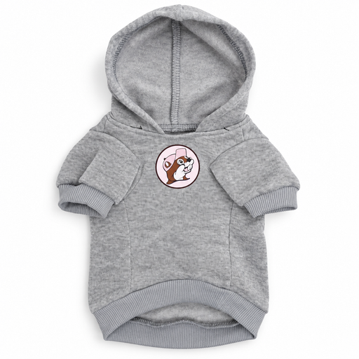 Front view of a heather gray pet hoodie flat lay with a pink-hatted Buc-ee's beaver logo centered on the chest and an attached hood.