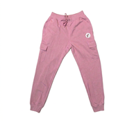 Buc-ee’s pink cargo joggers with a drawstring waistband, cargo pockets on both legs, ribbed cuffs, and a beaver logo patch