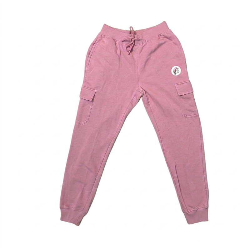 Buc-ee’s pink cargo joggers with a drawstring waistband, cargo pockets on both legs, ribbed cuffs, and a beaver logo patch