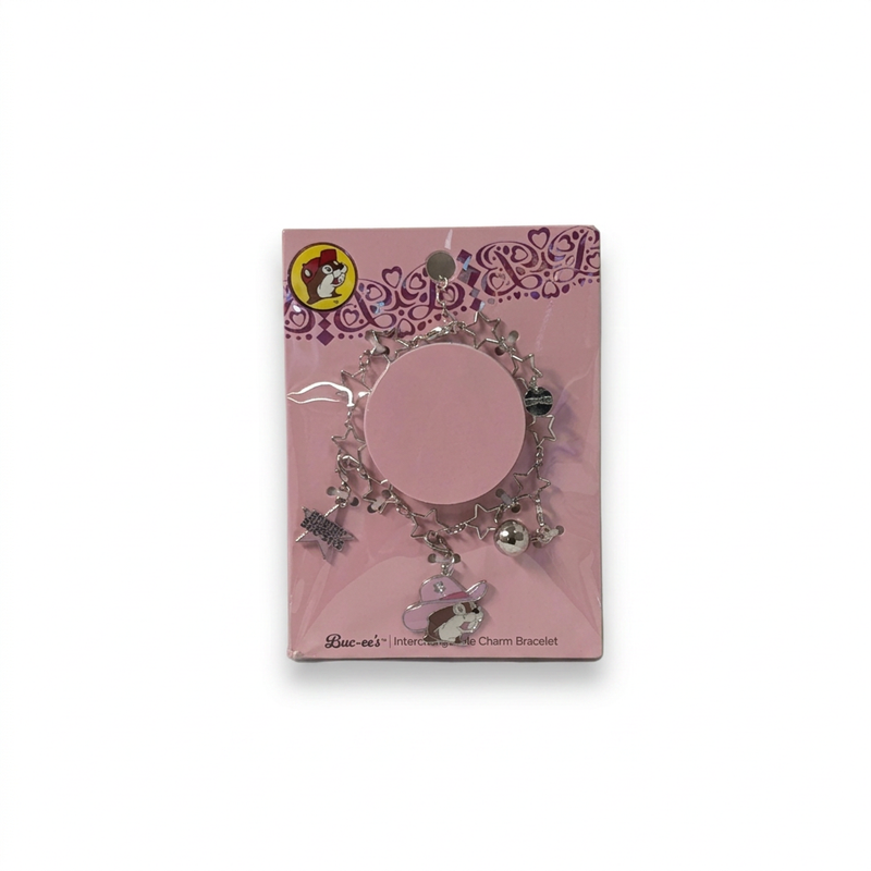Buc-ee’s Pink Cowboy Interchangeable Charm Bracelet with a silver-tone star chain and a beaver charm in a pink cowboy hat