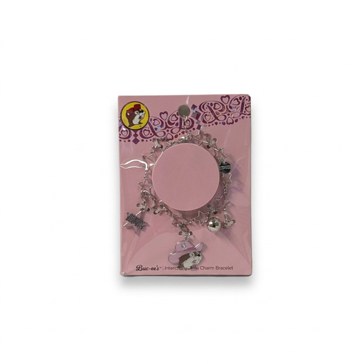 Buc-ee’s Pink Cowboy Interchangeable Charm Bracelet with a silver-tone star chain and a beaver charm in a pink cowboy hat