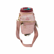 Buc-ee's pink crossbody tumbler bag with bow print, gold zippers, mesh front pocket, and Buc-ee's logo strap