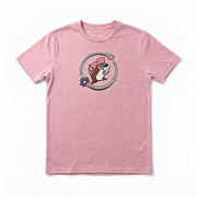 Buc-ee’s heather pink T-shirt with the beaver logo in a gray ring trimmed with pastel flowers on the chest