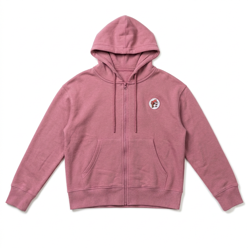 Buc-ee’s pink full zip fleece hoodie with a drawstring hood, front pockets, and a small beaver logo chest patch