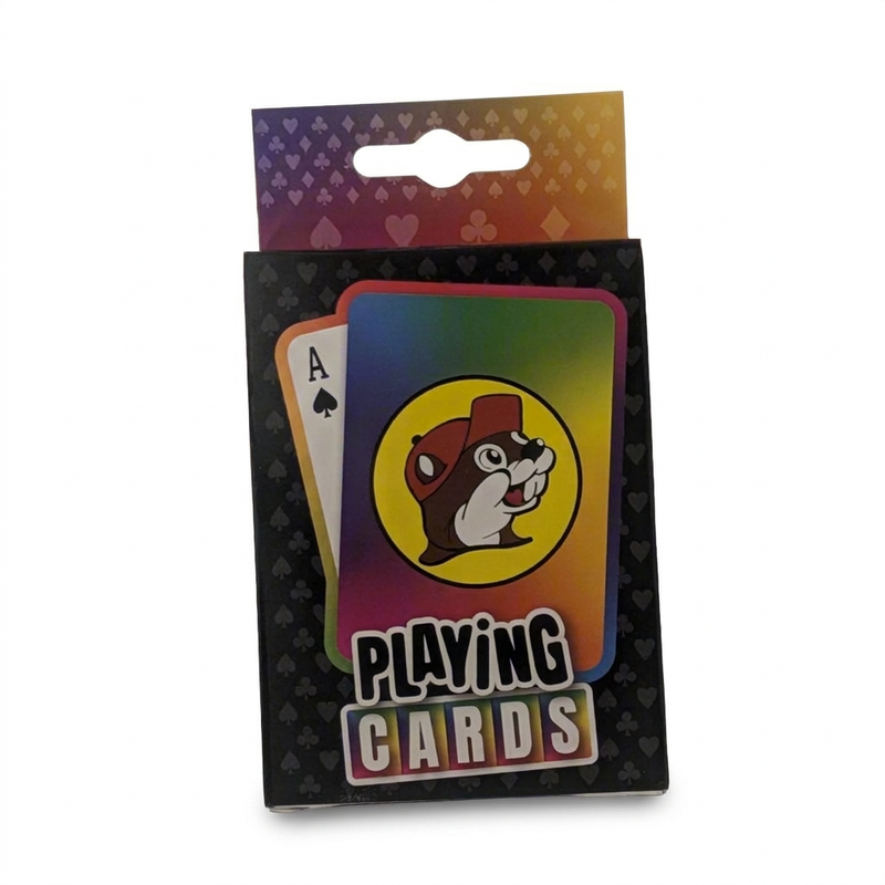 Buc-ee’s Playing Cards in a black box with a rainbow card design featuring the beaver logo beside an ace of spades