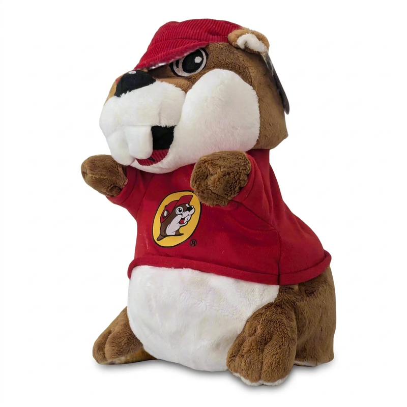 Buc-ee’s Plush Beaver Hand Puppet wearing a red corduroy cap and red T-shirt with the beaver logo