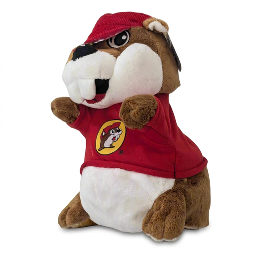 Buc-ee’s Plush Beaver Hand Puppet wearing a red corduroy cap and red T-shirt with the beaver logo