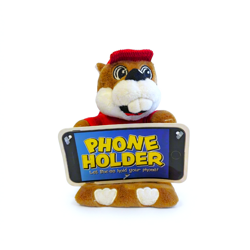 Buc-ee’s Phone Holder, a brown plush beaver in a red cap and shirt holding a phone-shaped display card in its paws
