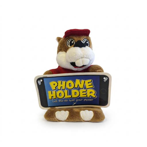 Buc-ee’s Phone Holder, a brown plush beaver in a red cap and shirt holding a phone-shaped display card in its paws