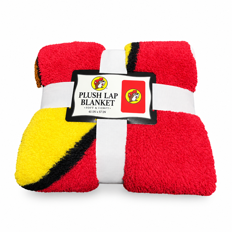 Buc-ee's Plush Lap Blanket in red, yellow, and black with beaver logo, 41 x 57 inches, folded with soft & comfy label