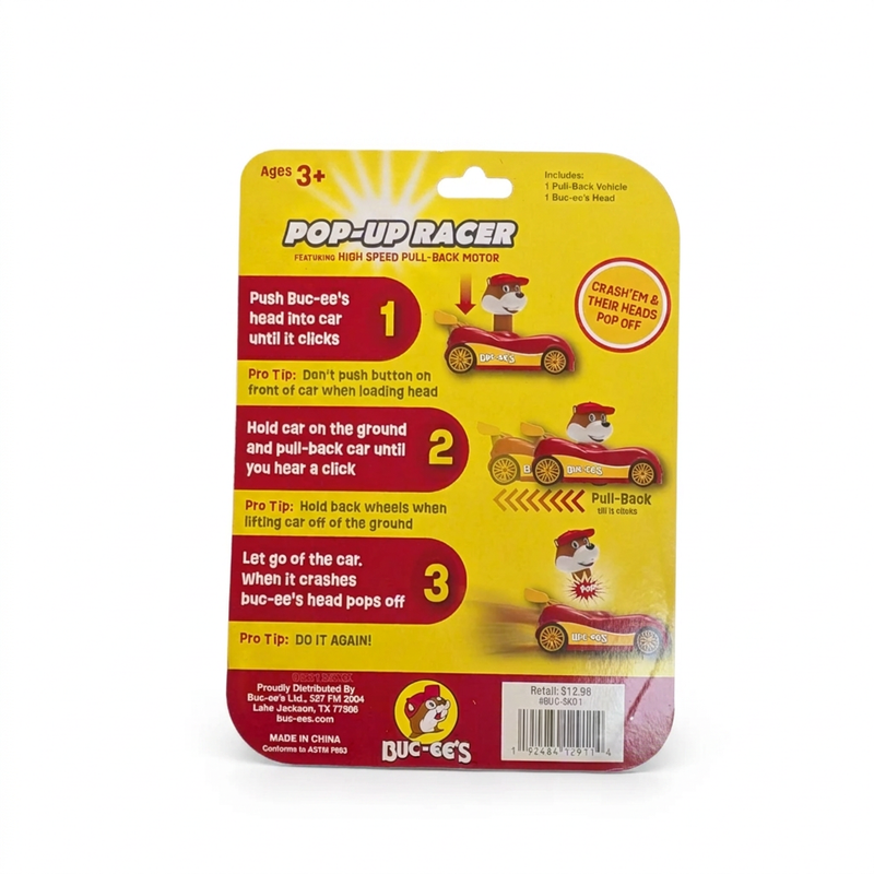 Buc-ee’s Pop-Up Racer package back with 3-step pull-back instructions showing the beaver head popping off in a crash