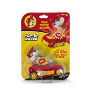 Buc-ee’s Pop-Up Racer toy car in red and yellow with a pull-back motor and a beaver head that pops up, for ages 3 and up