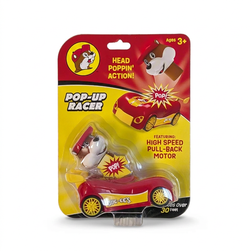 Buc-ee’s Pop-Up Racer toy car in red and yellow with a pull-back motor and a beaver head that pops up, for ages 3 and up