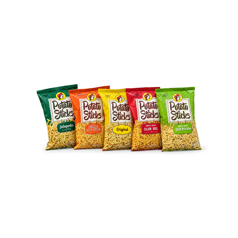 Five flavors of Buc-ee's Potato Sticks bags lined up