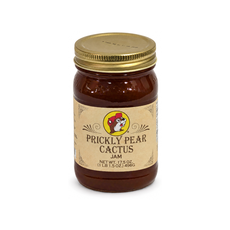 Buc-ee's Prickly Pear Cactus Jam in a 17.5 oz glass jar with gold lid, a sweet Texas-made fruit spread and gift idea