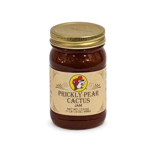 Buc-ee's Prickly Pear Cactus Jam in a 17.5 oz glass jar with gold lid, a sweet Texas-made fruit spread and gift idea