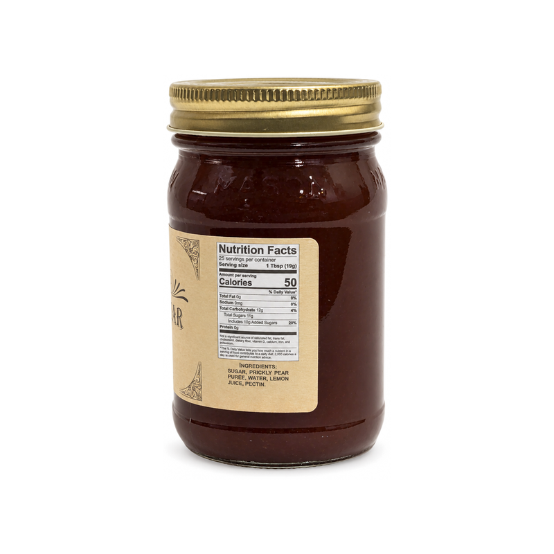 Back of Buc-ee's Prickly Pear Cactus Jam jar showing nutrition facts, 50 calories per tablespoon, made with prickly pear puree