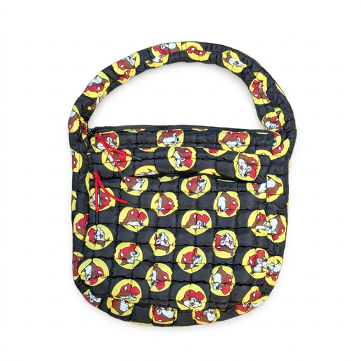 Buc-ee’s Puff Tote Bag in black quilted puffer fabric with an all-over beaver logo print and zippers with red pulls