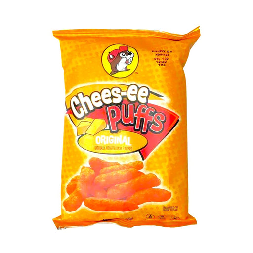 Orange bag of Buc-ee's Chees-ee Puffs in Original flavor, front view on white