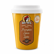 Buc-ee's Pumpkin Spice Latte coffee cup candle in mustard yellow with a white lid, Beaver logo label, and medium roast badge