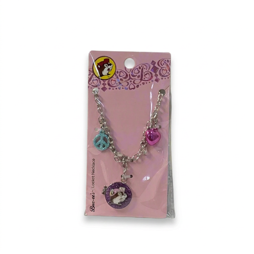 Buc-ee’s Purple Circle Locket Necklace with a glittery purple beaver locket, a teal peace sign charm, and a pink heart charm