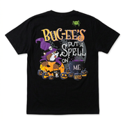 Back of Buc-ee’s Put a Spell on Me Halloween T-shirt with beaver in witch hat, jack-o’-lanterns, cauldron, and 2025 date
