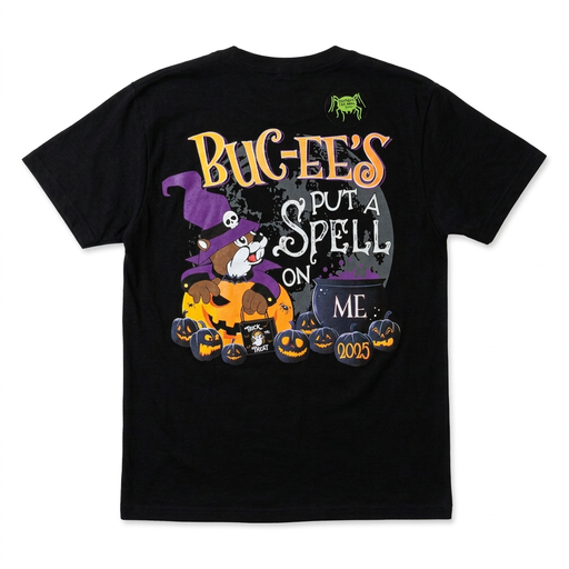 Back of Buc-ee’s Put a Spell on Me Halloween T-shirt with beaver in witch hat, jack-o’-lanterns, cauldron, and 2025 date