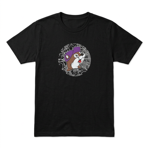 Buc-ee’s Put a Spell on Me Halloween T-shirt in black with beaver in purple cap on spiderweb graphic