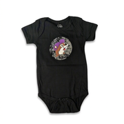 Buc-ee’s Put a Spell on Me infant Halloween bodysuit in black with beaver in purple cap on spiderweb graphic