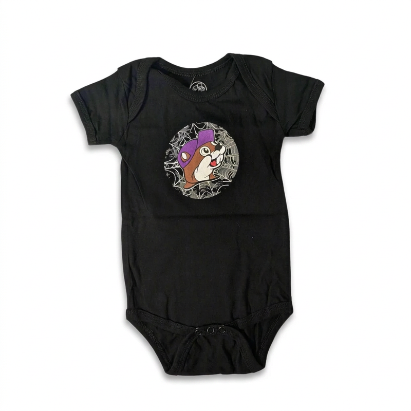 Buc-ee’s Put a Spell on Me infant Halloween bodysuit in black with beaver in purple cap on spiderweb graphic