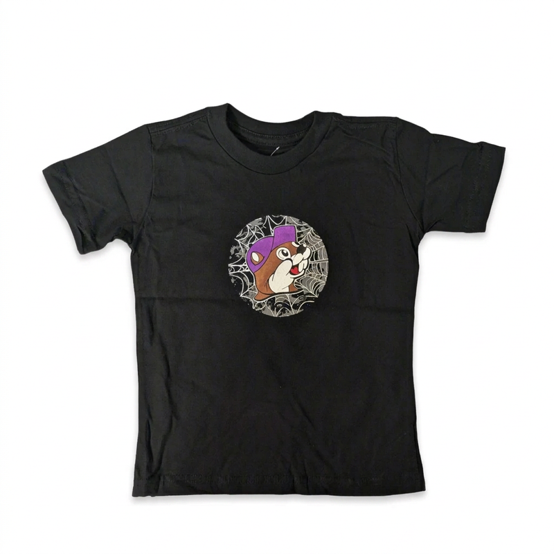 Buc-ee’s Put a Spell on Me youth Halloween T-shirt in black with beaver in purple cap on spiderweb graphic