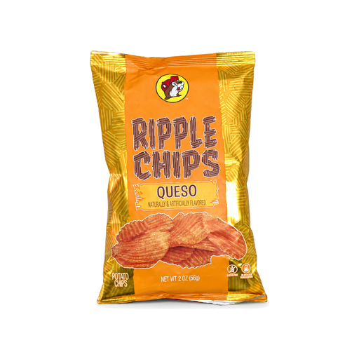 2 oz gold and orange bag of Buc-ee's Queso Ripple Chips