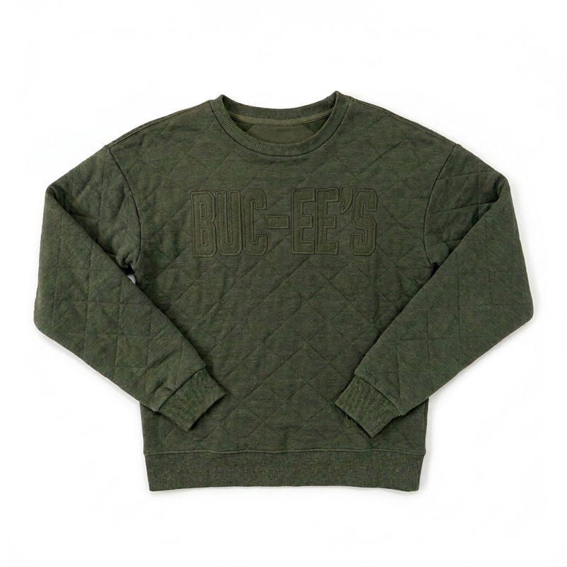 Buc-ee’s diamond-quilted crewneck pullover sweater in olive green with tonal stitched lettering