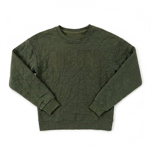 Buc-ee’s diamond-quilted crewneck pullover sweater in olive green with tonal stitched lettering