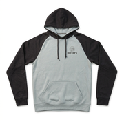 Buc-ee’s raglan pullover hoodie in light gray with black sleeves, black hood, and a small beaver chest logo