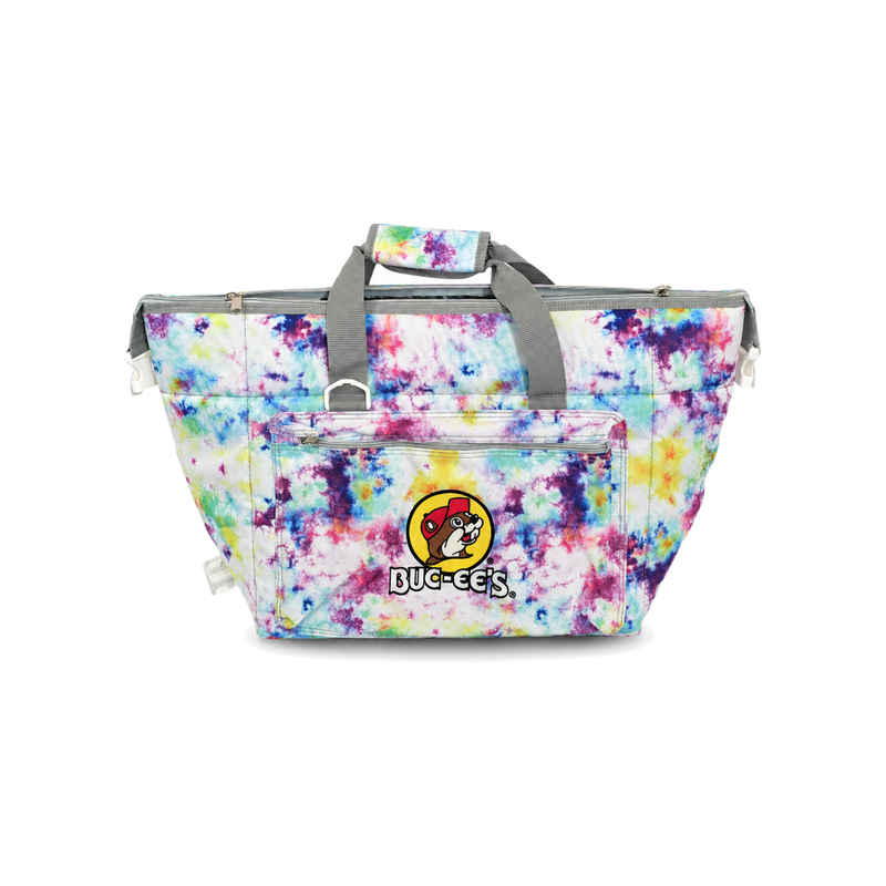 Buc-ee's tie-dye cooler tote bag in rainbow colors with gray handles, beaver logo, and a zippered front pocket