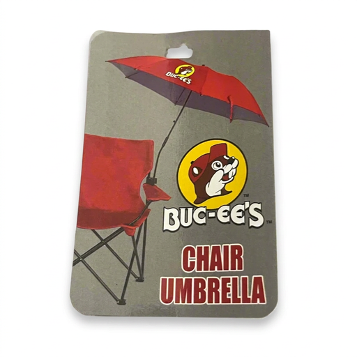 Buc-ee’s Chair Umbrella packaging showing a red umbrella with the beaver logo clamped to the arm of a red folding chair