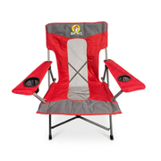Buc-ee’s Tailgate Chair in red and gray with a mesh back panel, wide armrests, and two cup holders on a folding metal frame